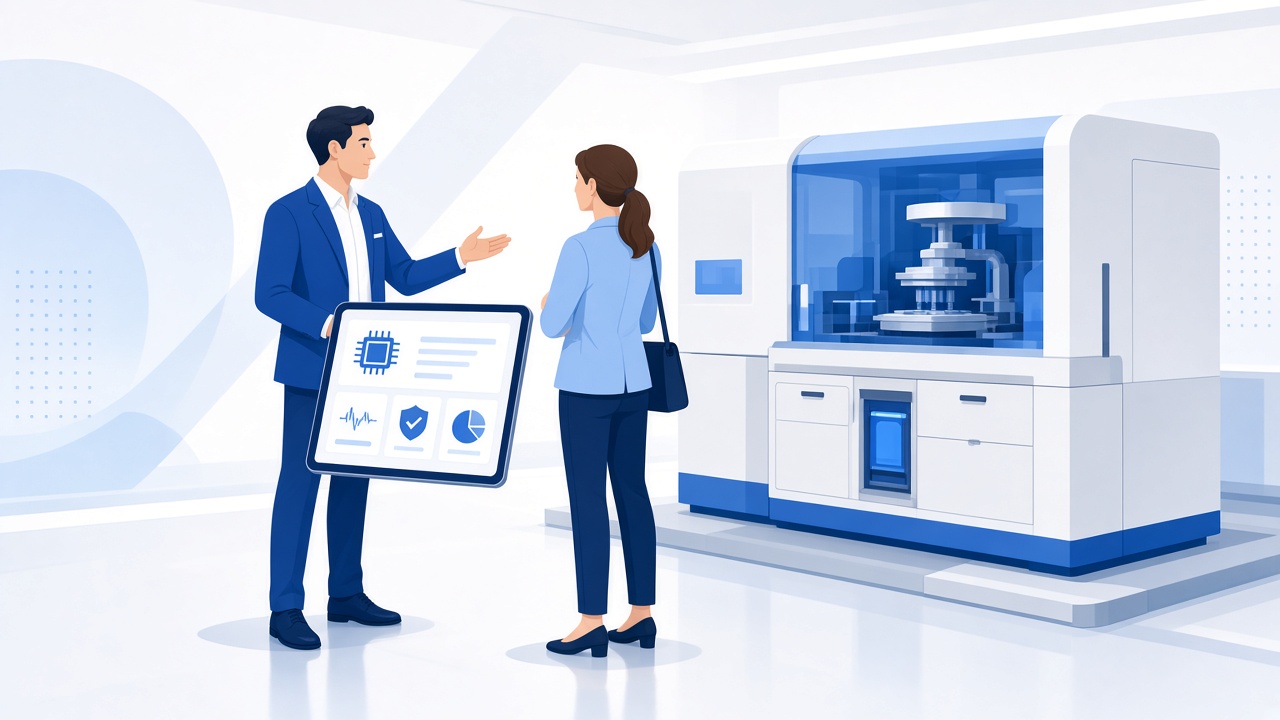Sales professional walking a customer through equipment features
