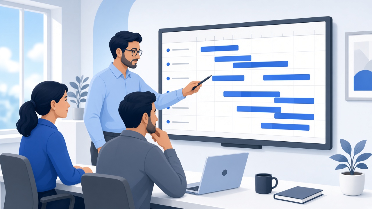Service managers reviewing a schedule chart on a large screen